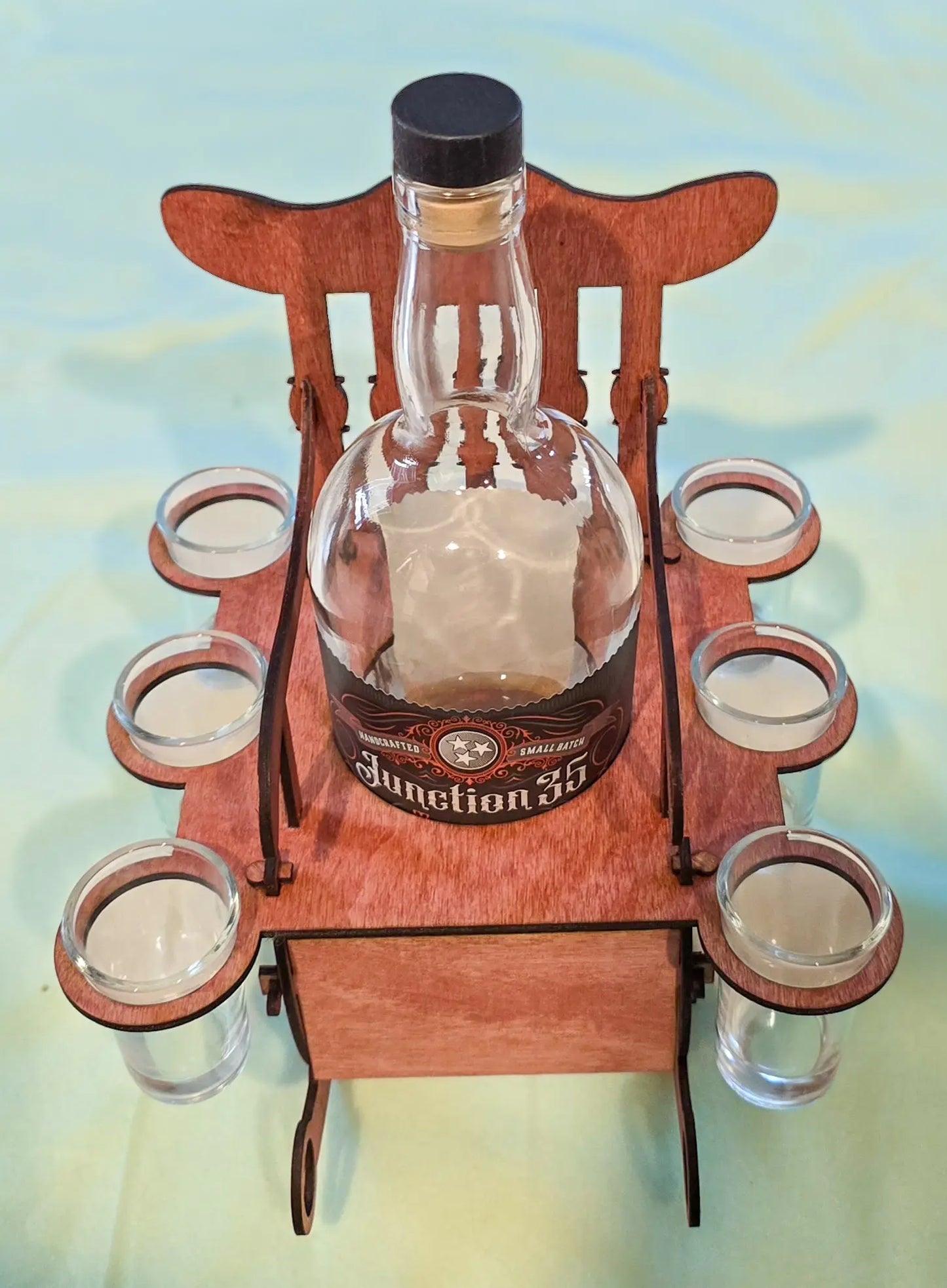 Personalized wooden Bottle Display set with rocking chair design. Semya Farm