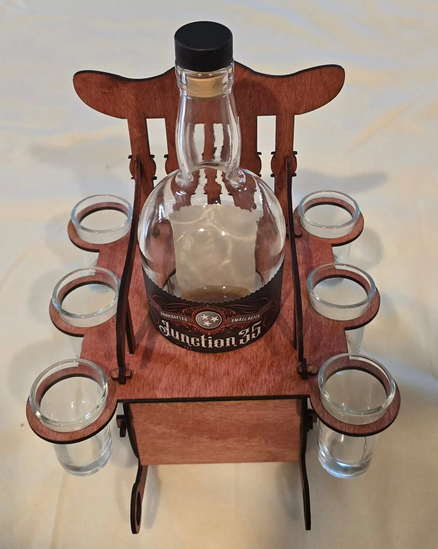Personalized wooden Bottle Display set with rocking chair design. Semya Farm