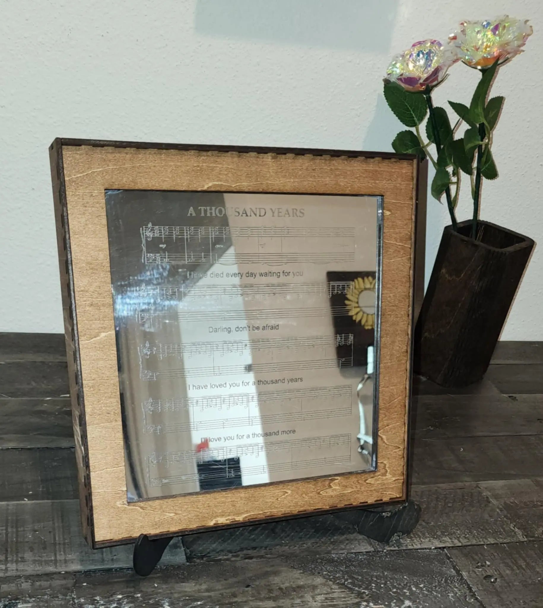 Personalized lighted mirror box with engraved message. A unique illuminated keepsake for weddings, anniversaries, or inspirational home décor.