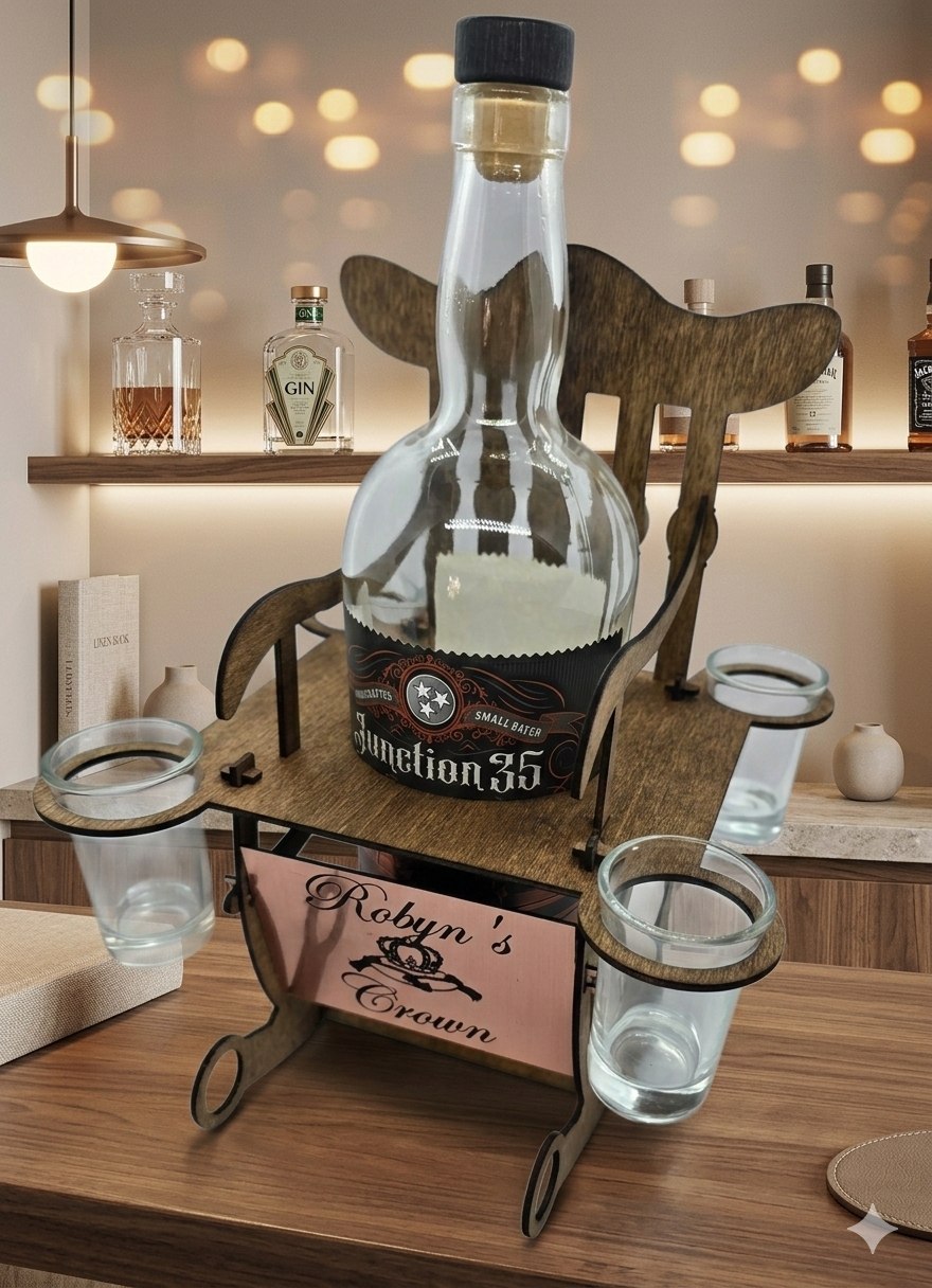 Personalized wooden Bottle Display set with rocking chair design. Semya Farm