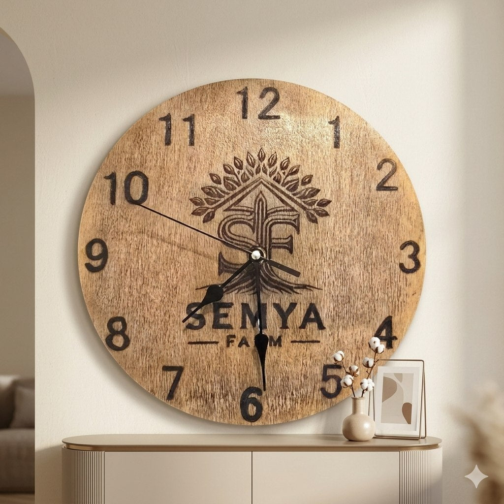 Wooden Wall Clock: Nature-Inspired Laser Engraved Timepiece, Rustic Home Decor, Custom Gift for Any Occasion Semya Farm